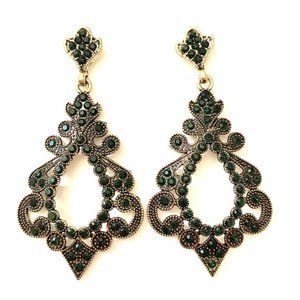 Elegant Gold Green Rhinestone Dangle Drop Earrings